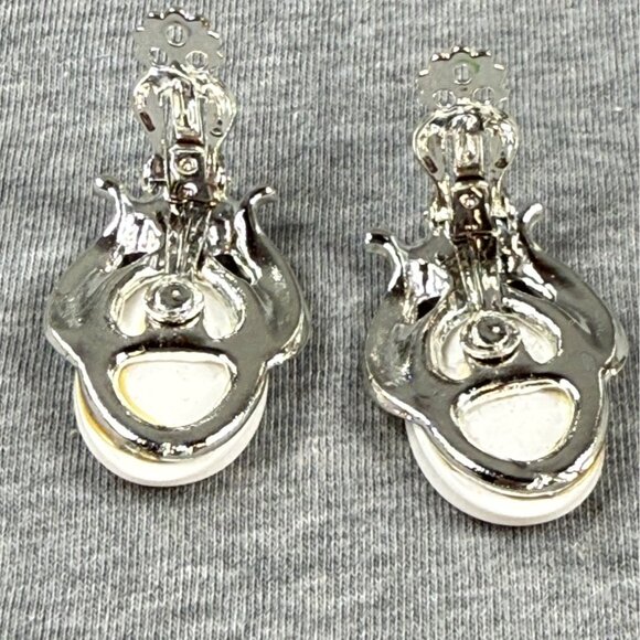 Vintage Silver-Tone Clip-On Earrings With Floral Design & White Oval Accents - Picture 7 of 16